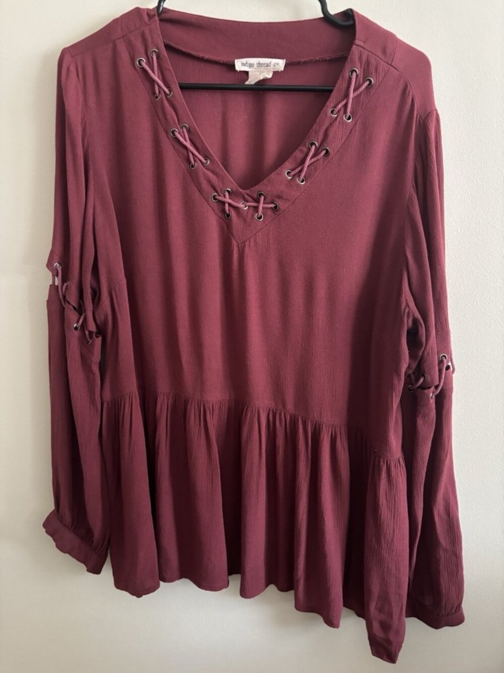 Indigo Thread Woven Gauze Long Rope Detail Peasant Top Shirt Large Boho